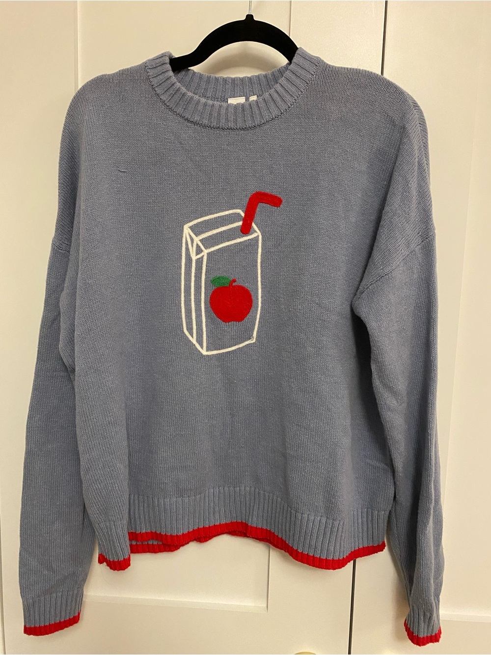 Twik Simons Apple Juice Box Graphic Knit Sweater Blue Red S